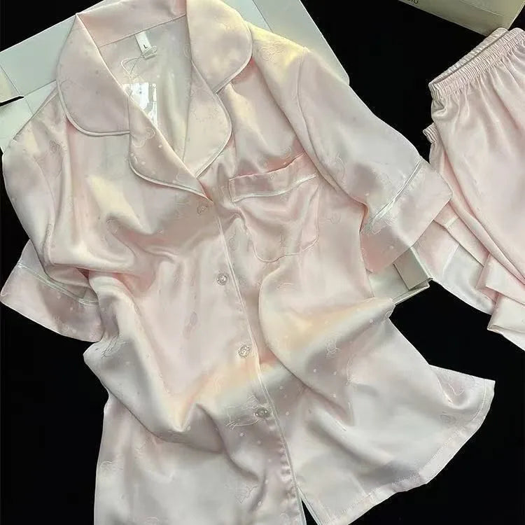 New Women's Silk Sleepwear Summer Simple Luxury Texture Sweet INS Home Clothes Set Pajamas Breathable Casual Sleepwear