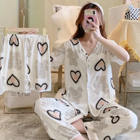 Spring Autumn Women's Sleepwear Short Sleeve Loose Home Clothes Cute Girl's Pajamas Set Casual Breathable Polyester Silk