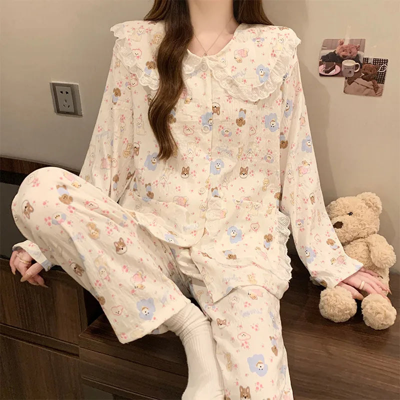 Cloud Cotton Long Sleeve Sleepwear Women's Spring Autumn Style Cute Doll Collar Home Clothes Breathable Casual Sleepwear