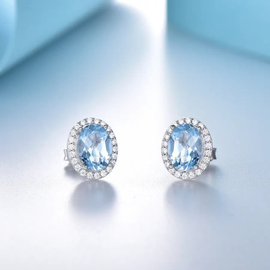 1 Pair 925 Silver Oval Zircon White Gold Plated Ear Studs