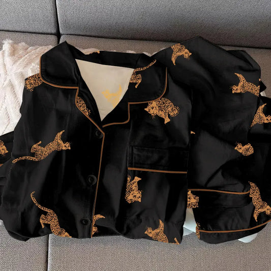 Black Money Leopard Print Sleepwear Set Women's Long Sleeve Long Pants Home Clothes Polyester Fabric Spring Autumn Wearable