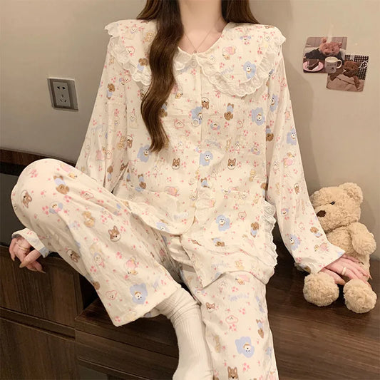 Cloud Cotton Long Sleeve Sleepwear Women's Spring Autumn Style Cute Doll Collar Home Clothes Breathable Casual Sleepwear