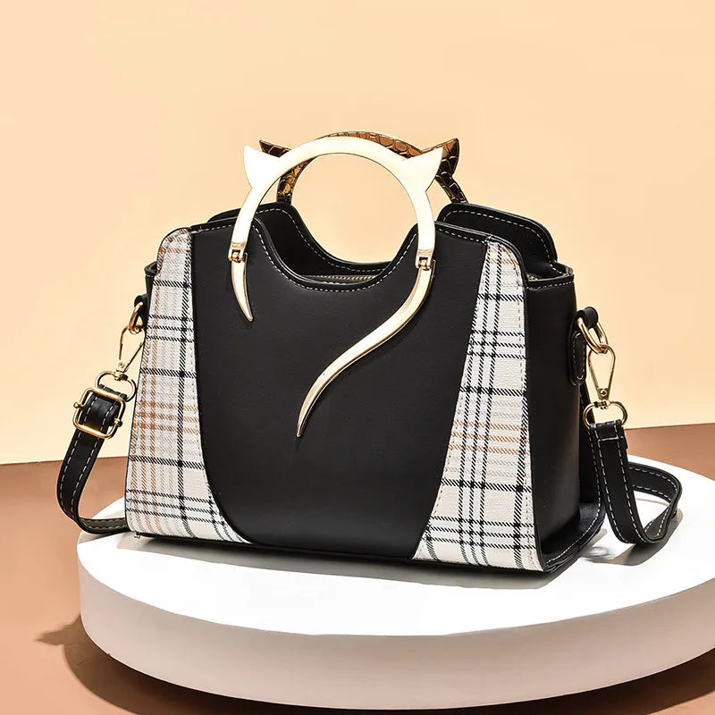 Women's Pu Leather Splicing Plaid Classic Style Sewing Thread Bucket Zipper Handbag