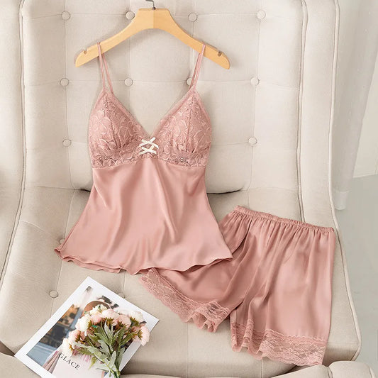 Sexy Ice Silk Thin Strap Shorts Set Women's Home Clothes With Chest Pad Spring Summer New Style Breathable Casual Sleepwear