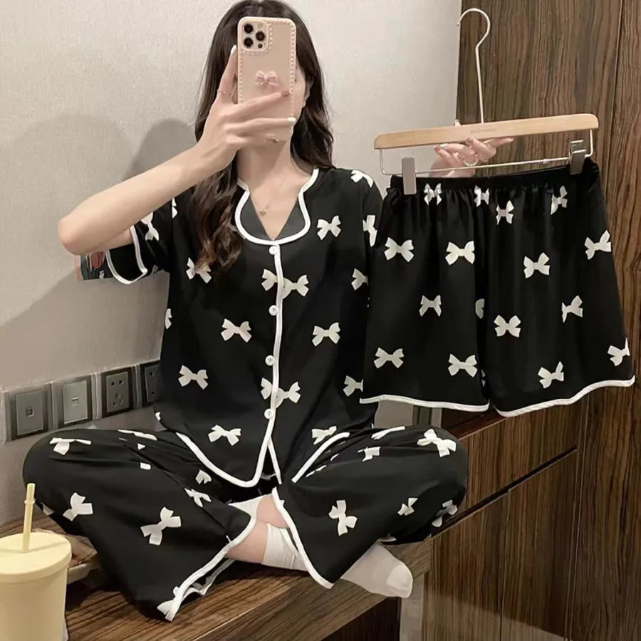 Spring Autumn Women's Sleepwear Short Sleeve Loose Home Clothes Cute Girl's Pajamas Set Casual Breathable Polyester Silk