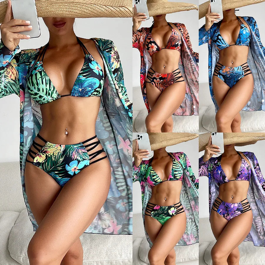 Women's Flower 3 Pieces Set Bikinis Swimwear