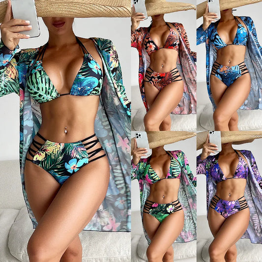 Women's Flower 3 Pieces Set Bikinis Swimwear