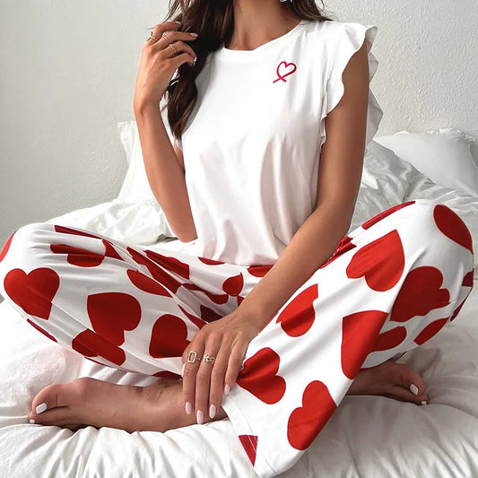 Indoor Home Daily Women's Casual Elegant Lady Heart Shape Spandex Polyester Pants Sets Pajama Sets