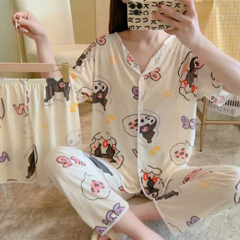 Spring Autumn Women's Sleepwear Short Sleeve Loose Home Clothes Cute Girl's Pajamas Set Casual Breathable Polyester Silk