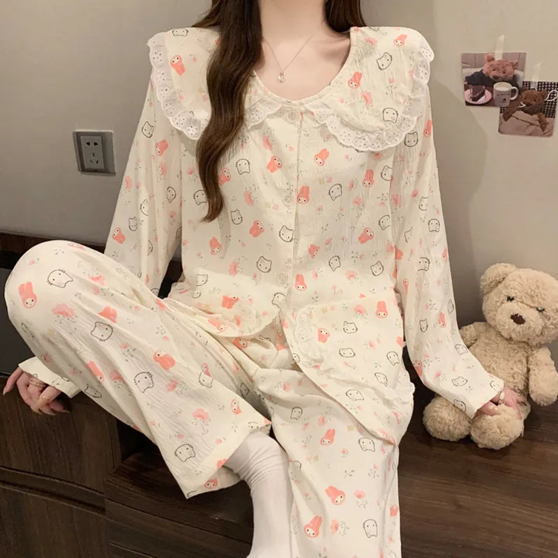 Cloud Cotton Long Sleeve Sleepwear Women's Spring Autumn Style Cute Doll Collar Home Clothes Breathable Casual Sleepwear