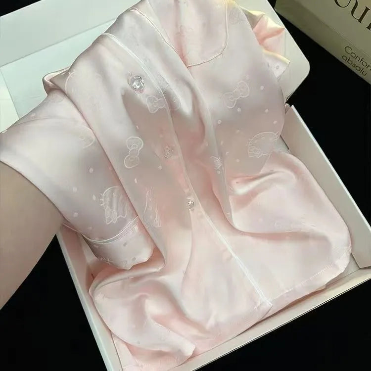 New Women's Silk Sleepwear Summer Simple Luxury Texture Sweet INS Home Clothes Set Pajamas Breathable Casual Sleepwear