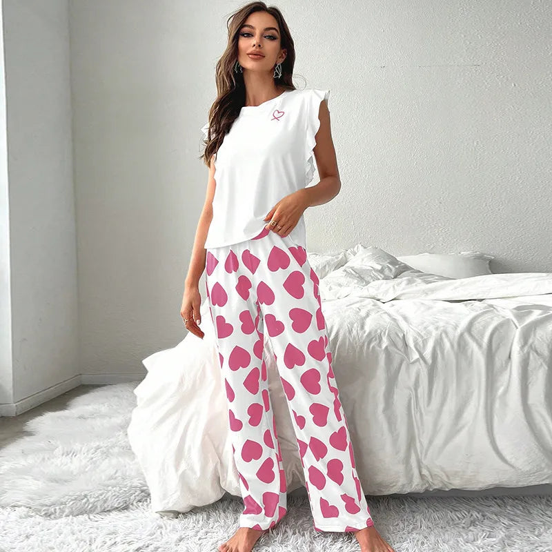 Indoor Home Daily Women's Casual Elegant Lady Heart Shape Spandex Polyester Pants Sets Pajama Sets