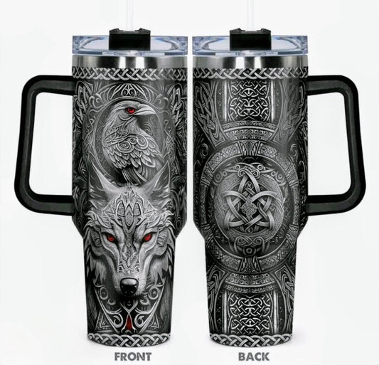 Norse Wolf & Raven Stainless Steel Travel Mug – 40oz Viking Warrior Insulated Tumbler with Handle & Straw