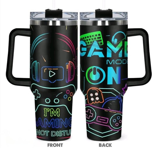40oz Gamer Mode Stainless Steel Tumbler – Insulated Gaming Cup with Handle & Lid