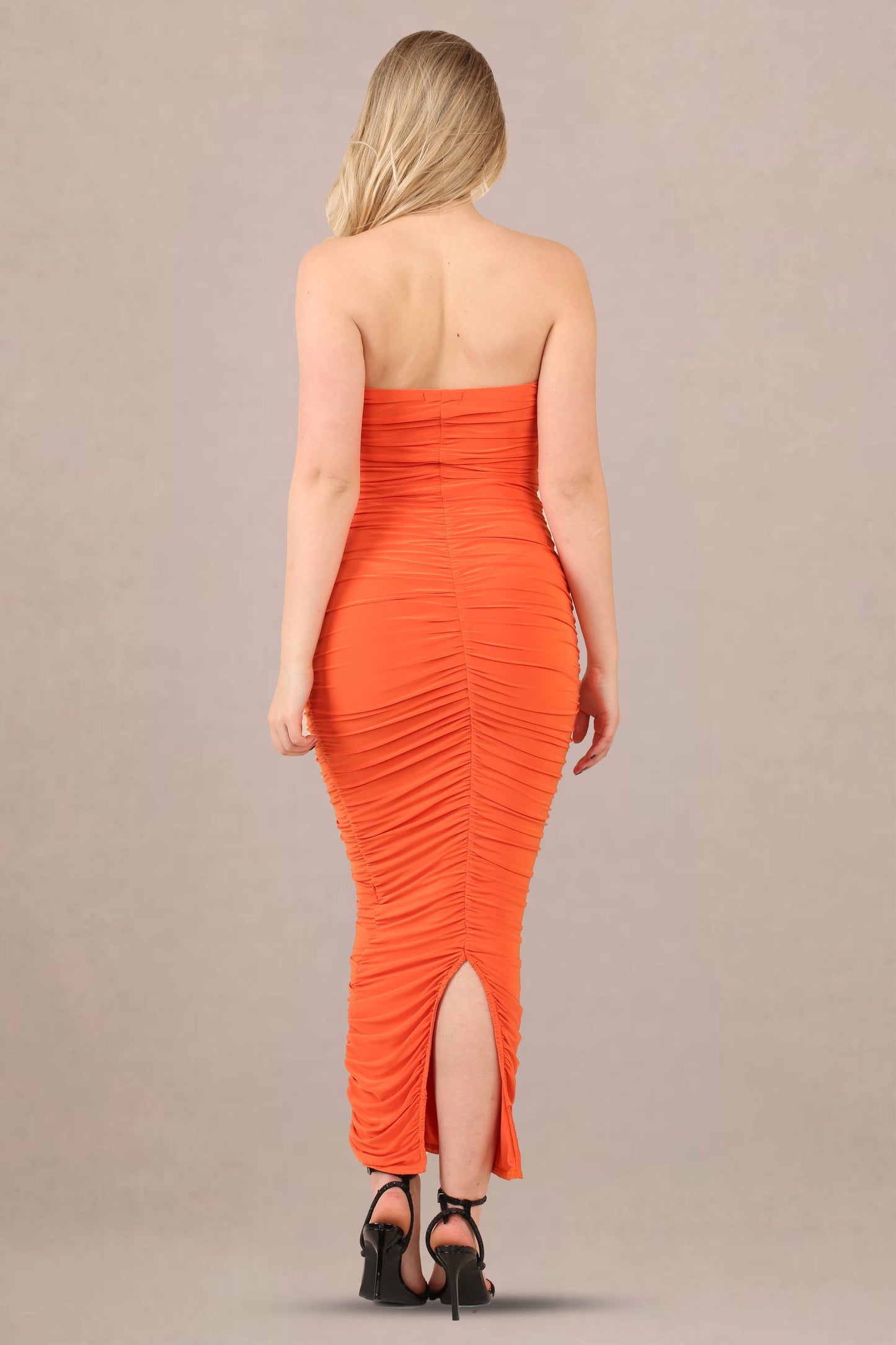 Orange Ruched Bodycon Fit Slinky Bandeau Midi Dress