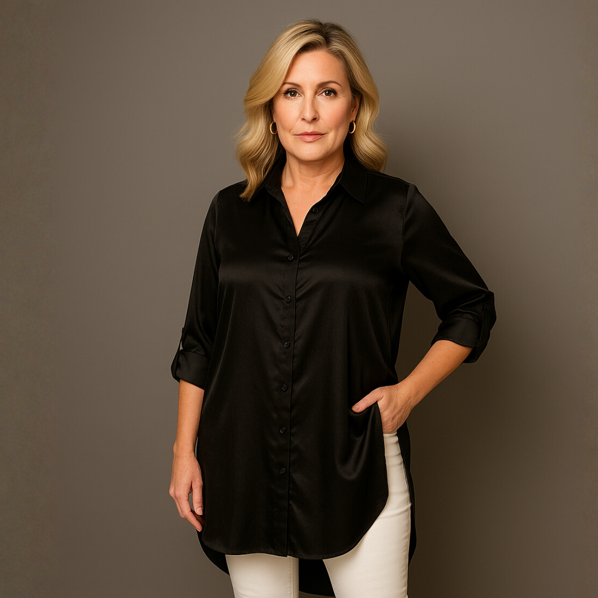 Dipped Hem Satin Shirt with 3/4 button Tab Sleeves