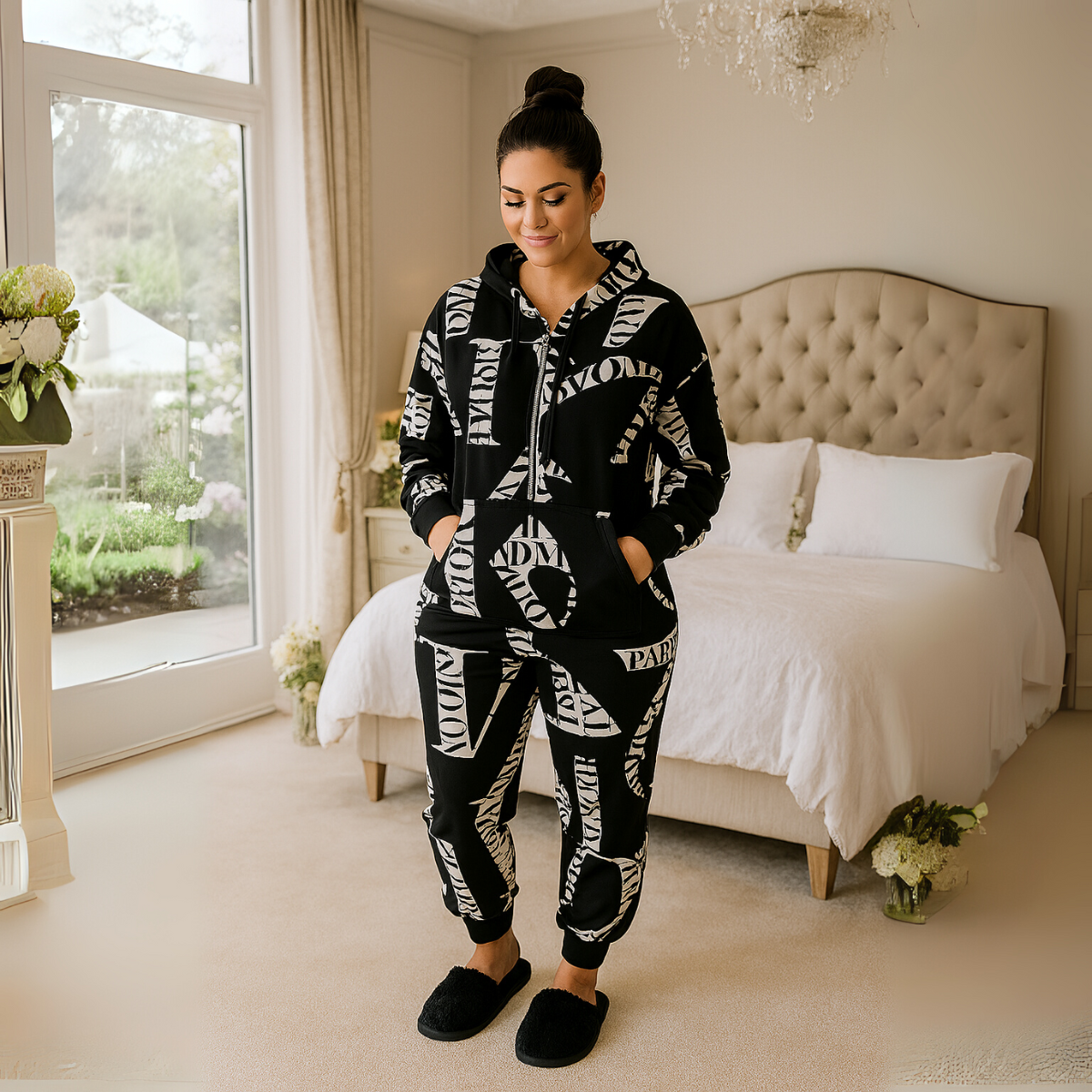 Black White Love Paris Print Lounge Suit Jumpsuit