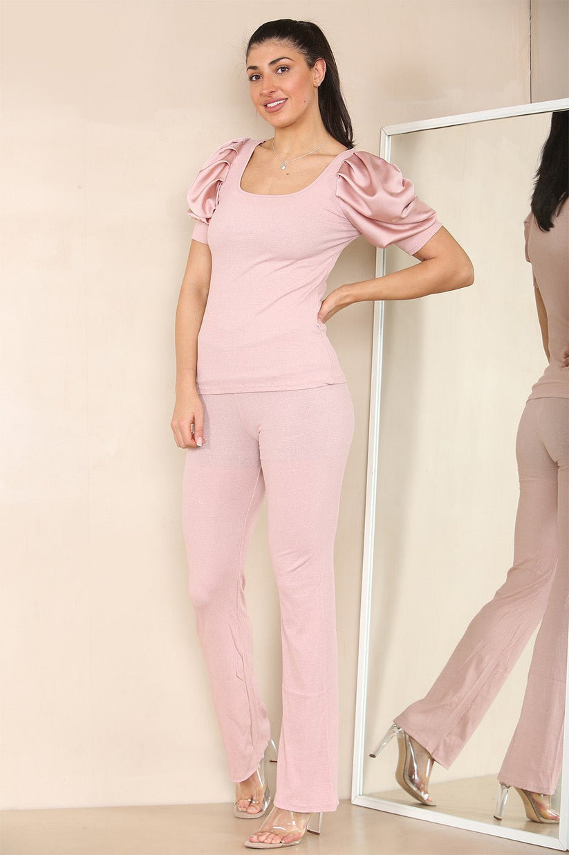 Silky Satin Puff Sleeves Ribbed Lounge Set