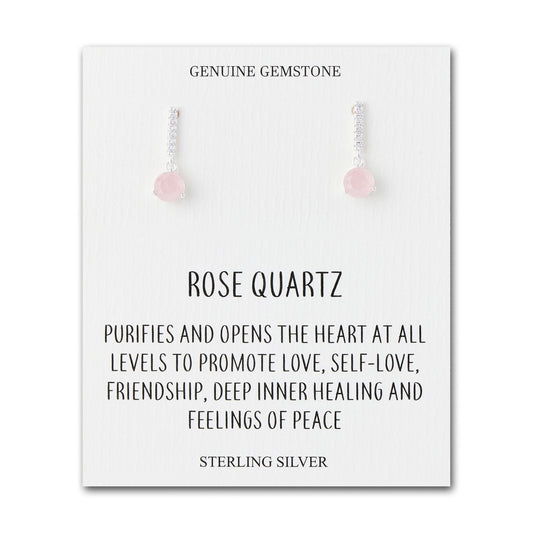 Sterling Silver Rose Quartz Gemstone Drop Earrings with Quote Card