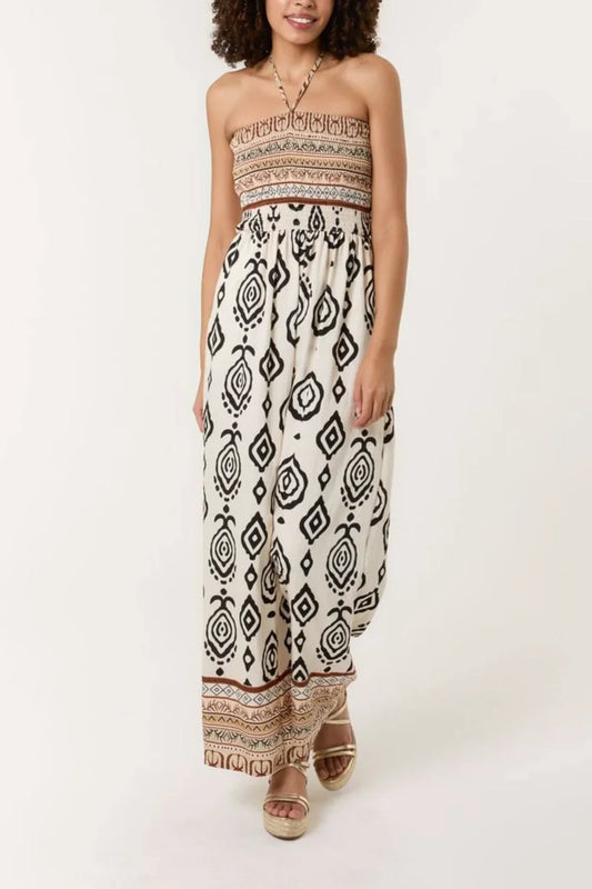 Tribal Print Shirred Halterneck Jumpsuit SM or ML