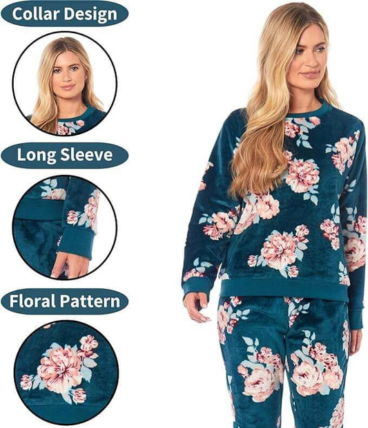 Women's Luxurious Floral Fleece Pyjama Set with Long Sleeve Top and Elastic Waist Pajamas Elegant Sleepwear for Warmth by Daisy Dreamer
