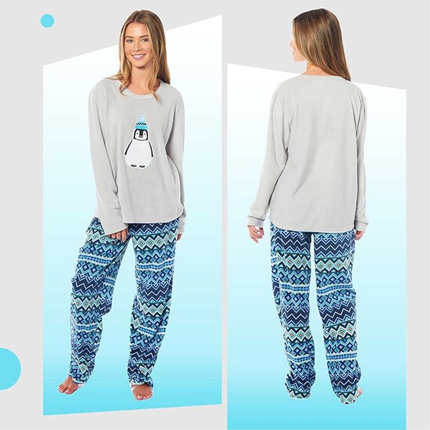 Women's Penguin Thermal Fleece Pyjamas Set Soft Warm Winter PJs Animal Print Loungewear Sleepwear Long Sleeve Top and Bottom by Daisy Dreamer