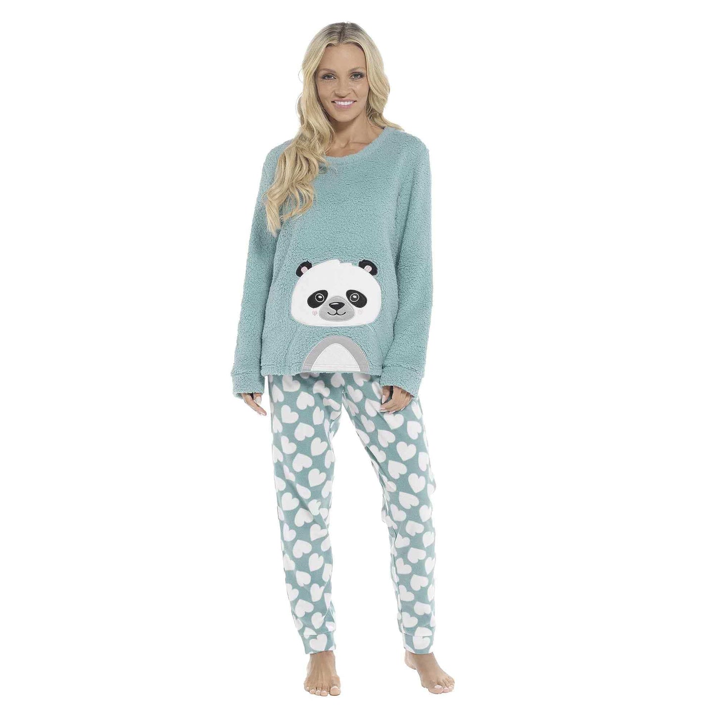 Women's Ultra-Soft Panda Snuggle Fleece Pyjama Set with Long Sleeve Top and Elasticated Bottoms for Lounging and Sleepwear by Daisy Dreamer