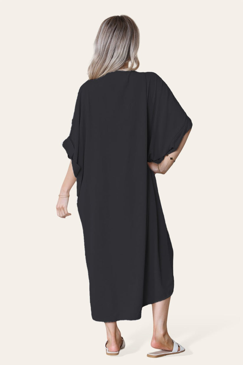 Womens V-Neck Tie Knotted Twisted Front Oversized Longline Midi Dress